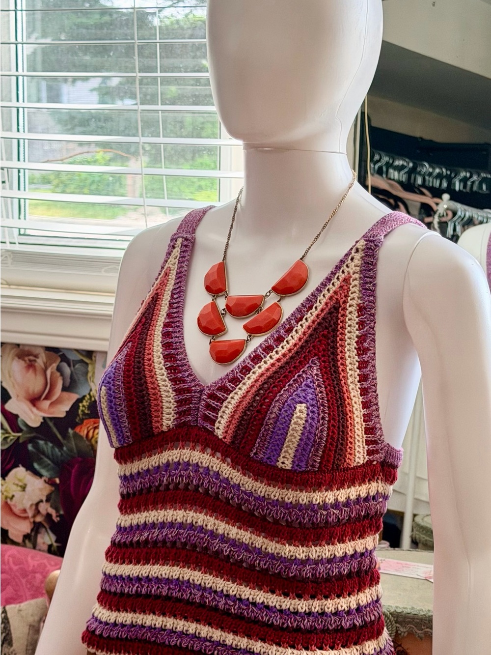 Primark Striped Crochet Tank Top in Burgundy, Purple and Cream